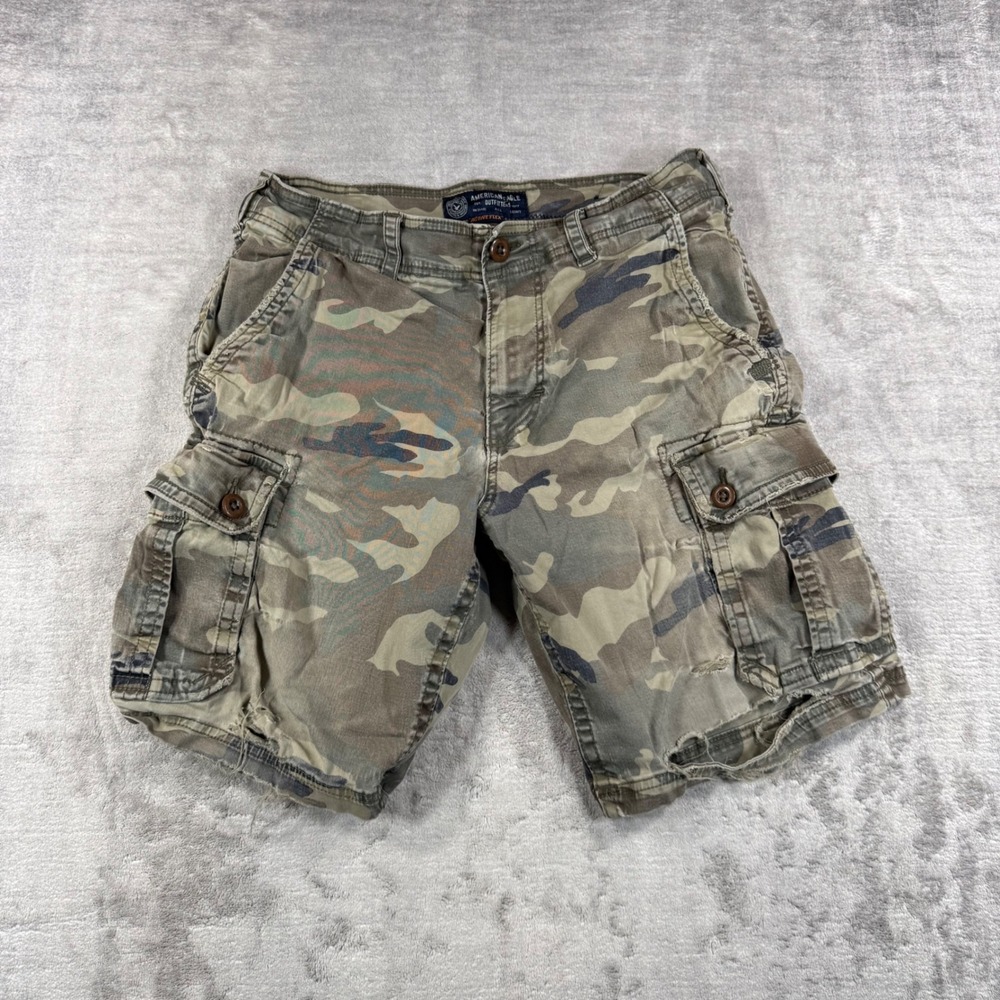 American Eagle Shorts Mens 34 Green Camo Cargo Distressed Active Flex Utility